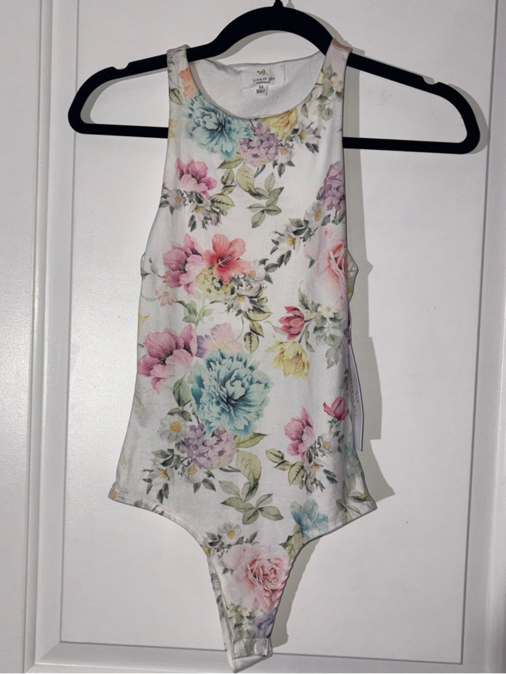 Floral High-Neck Bodysuit in White with Pastel Blooms
